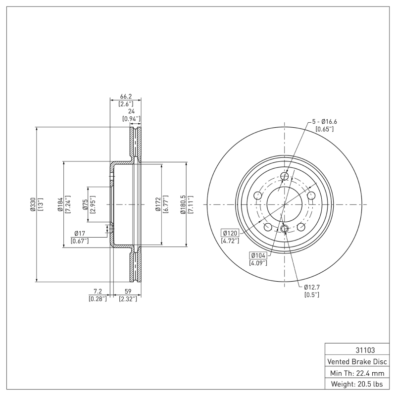 BMW 528I xDrive Brake Rotor (1) - Front - R1 Concepts - Plain - `11-`16